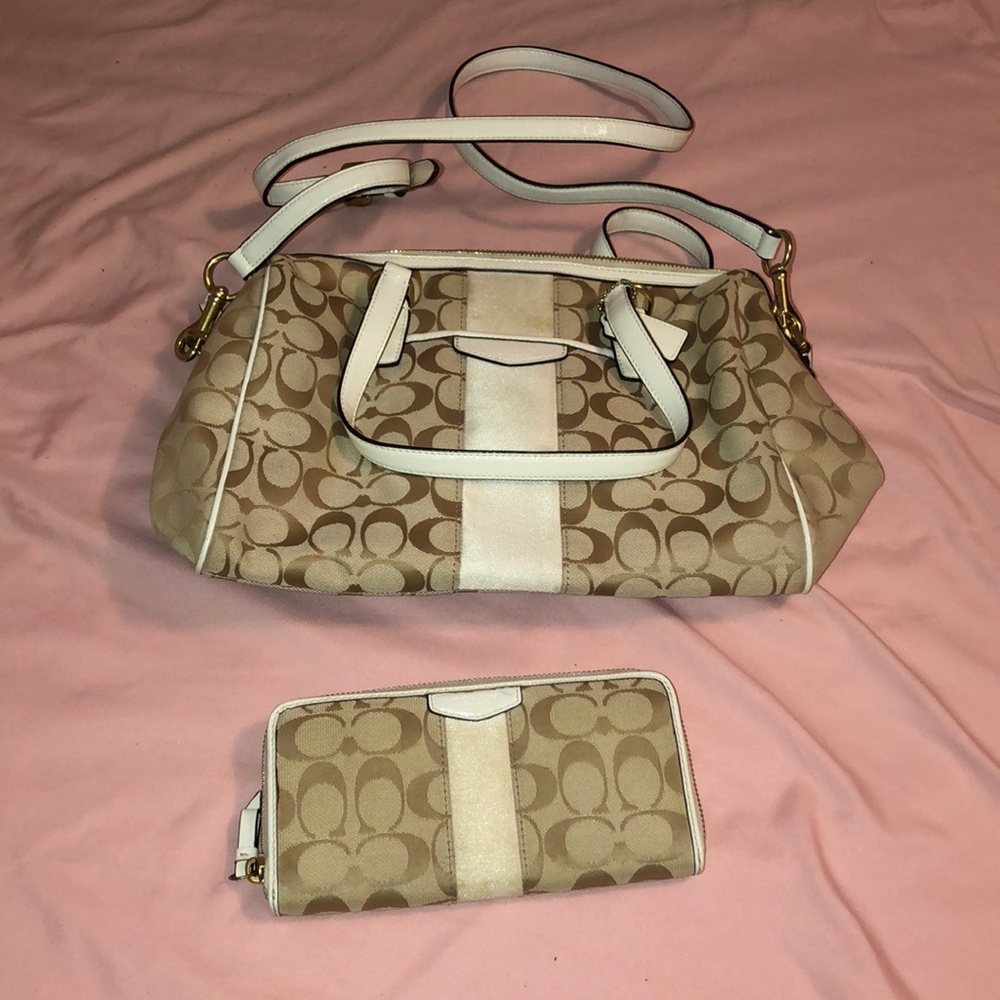Coach Tan and White Matching Purse and Wallet